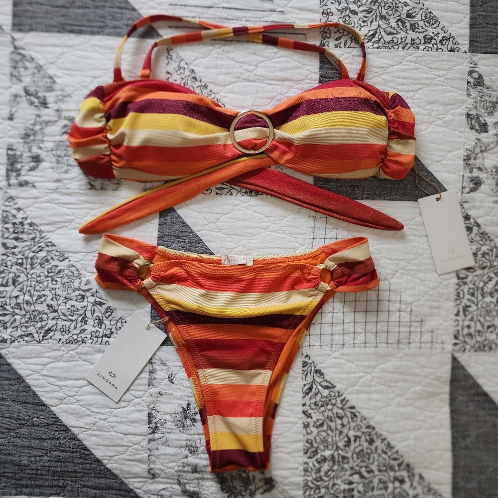 Zingara Small (Size 6) Bandeau Striped Multicolor Bikini Set